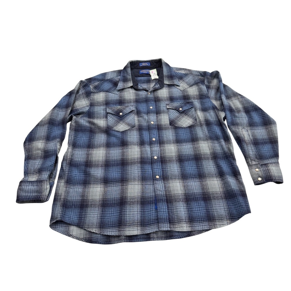 Pendleton Eco-Wise Wool Western Shirt XXL Blue Plaid Pearl Snap Ombre Yoke